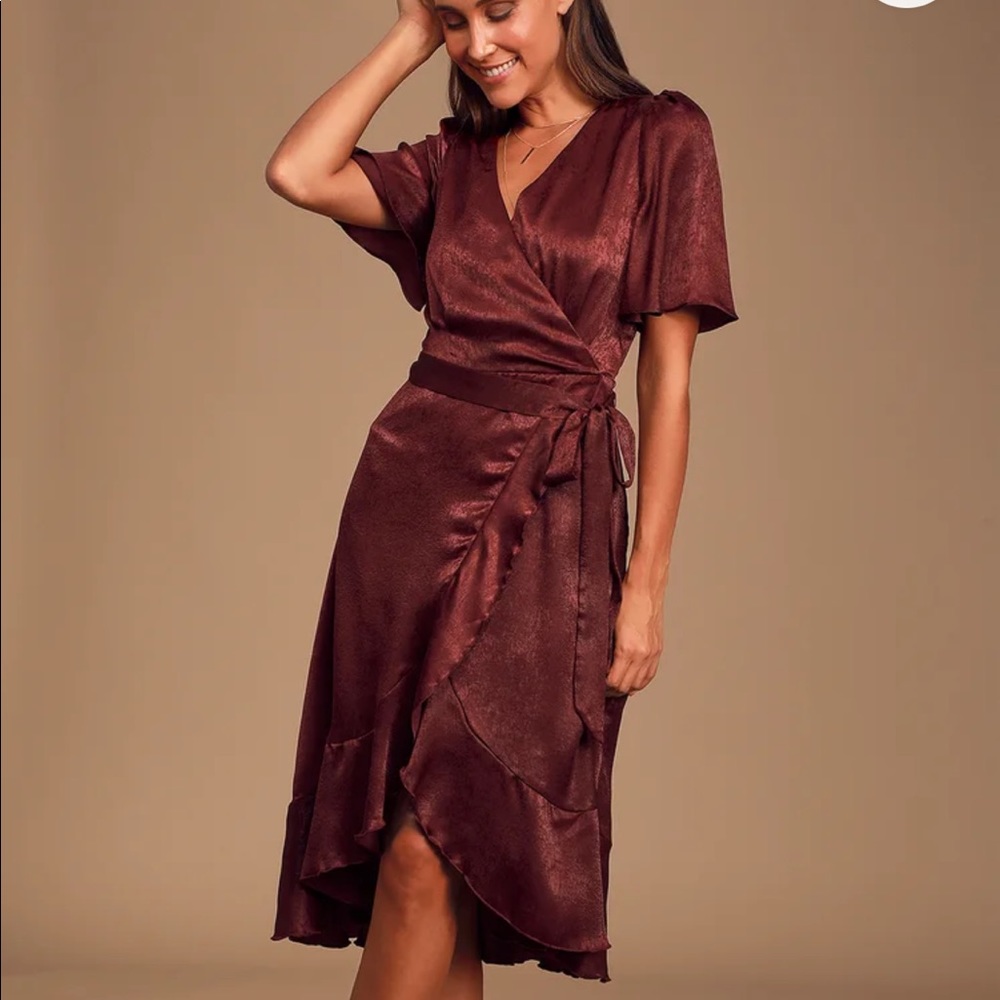 Lulus Burgundy Satin Faux-Wrap Midi Dress